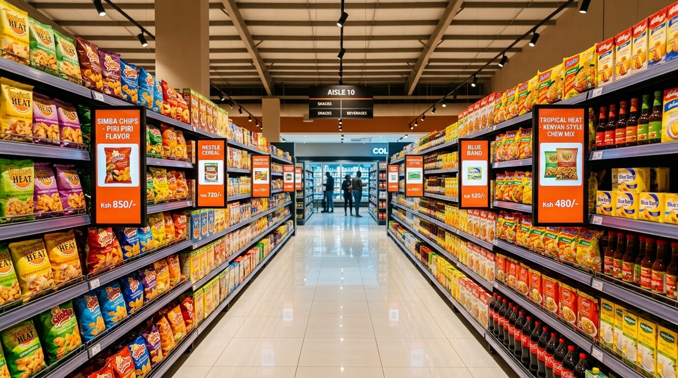 Digital advertising screens in a Nairobi supermarket aisle